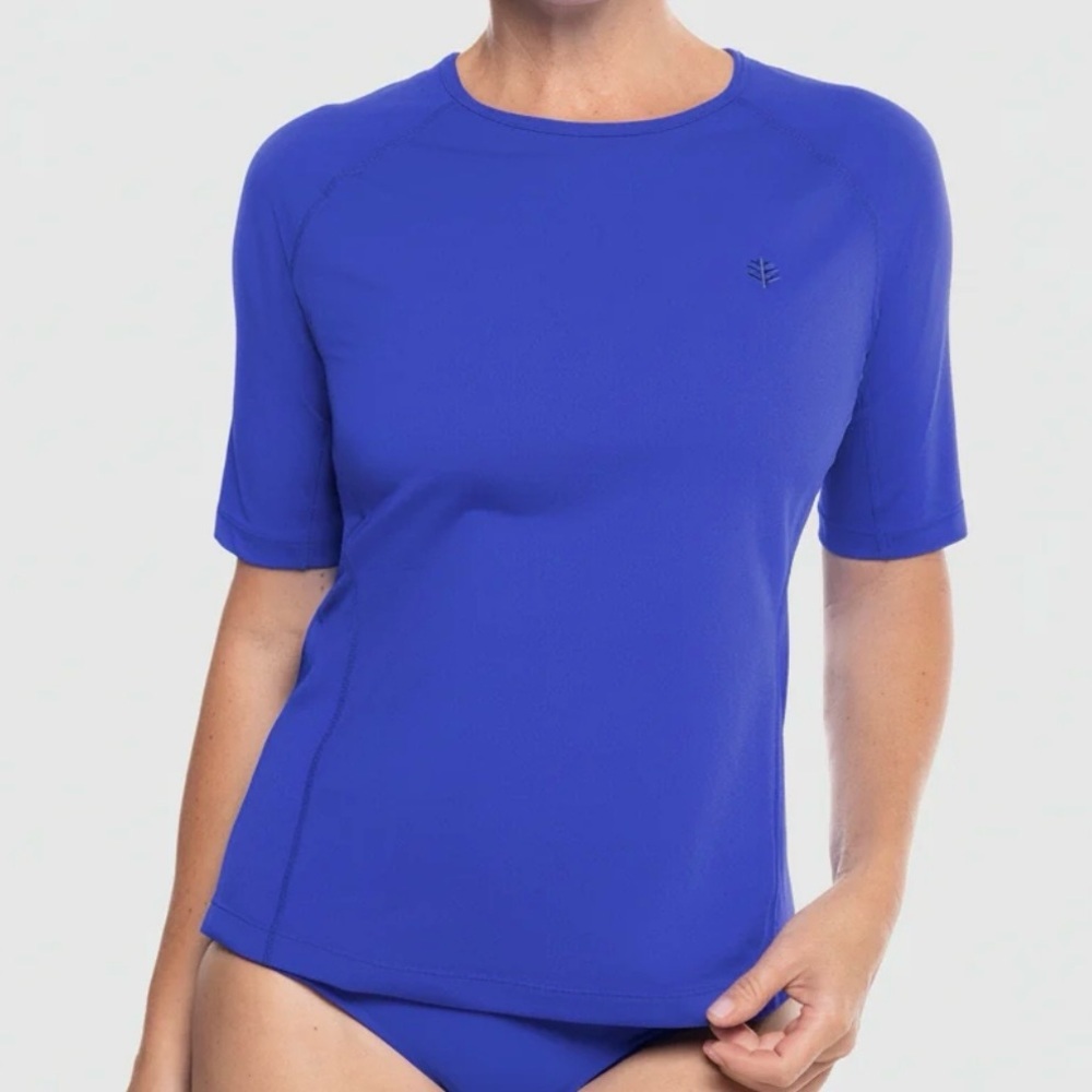 Coolibar Women's Hightide Short Sleeve Swim Shirt Baja Blue Size XS